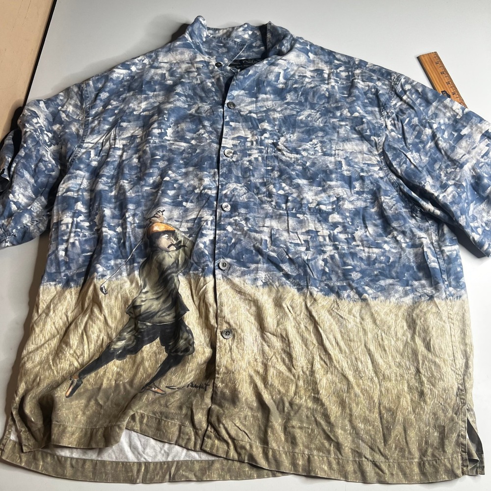 Guy Buffett Silk Golf Shirt XXL Blue Tan Golfer Short Sleeve Button Down
